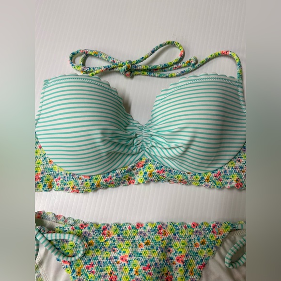 Victoria Secret Bikini Blue Stiped with Micro Floral Print Size Small - Picture 3 of 9